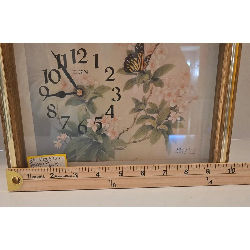 Elgin‎ Vintage MCM Butterfly Floral Mantle Tabletop Clock Wood Grain Frame Works